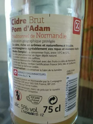 Liste des ingrédients du produit Cidre Brut Pop d'Adam Dia 75 cL