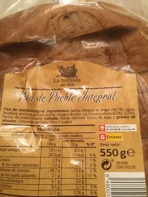 List of product ingredients Pan de pueblo integral La Hornada del Dia 550 g