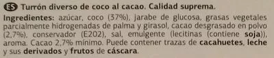 Liste des ingrédients du produit Turrón de coco al cacao Dia 200 g