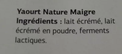 Liste des ingrédients du produit Yaourt Nature (0 % MG) 8 pots Dia 1 kg [2 x (4 x 125 g)]