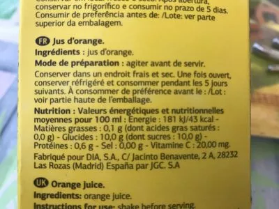 Lista de ingredientes del producto Zumo 100% Naranja Exprimida Dia 