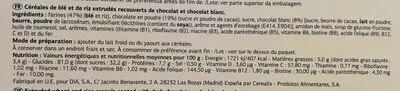 Liste des ingrédients du produit Chops choc duo - Céréales de blé et de riz extrudés Dia 500 g