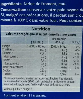 List of product ingredients Pain Azyme à la farine de Froment Dia 200 g