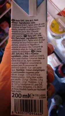 Lista de ingredientes del producto Nata para Montar Dia 200 ml
