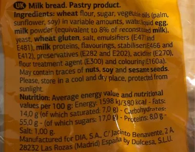 List of product ingredients Pan de leche Dia 
