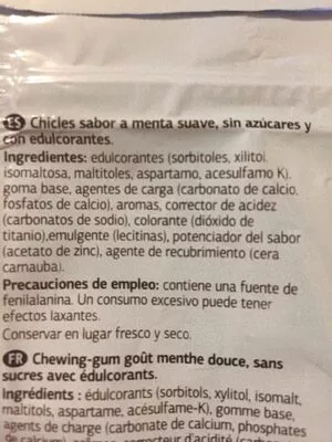 Liste des ingrédients du produit Chicles sabor menta suave Dia 67 porciones