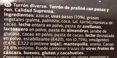 Lista de ingredientes del producto Turron ron con pasas Dia 