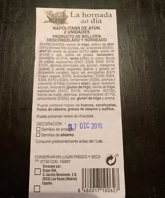 List of product ingredients Napolitana de atun Día 