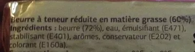 Liste des ingrédients du produit Beurre à teneur réduite en Matière Grasse (60%) - Doux Dia 250 g