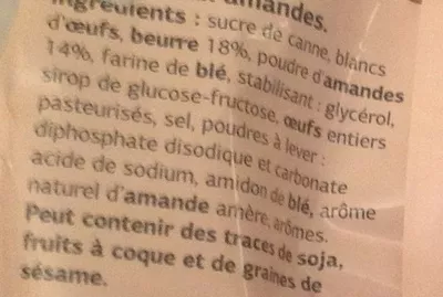 List of product ingredients Mini Financiers aux Amandes Dia, Pâtisserie les comtes de la marche 180g