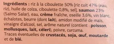 Lista de ingredientes del producto Saumon à l'oseille riz à la ciboulette Dia 300 g