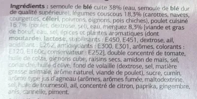 Lista de ingredientes del producto Couscous au poulet et merguez Dia 300 g