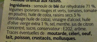 Lista de ingredientes del producto Taboulé oriental aux raisins Dia 500 g