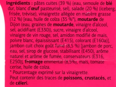 Lista de ingredientes del producto Salades et pâtes jambon fromage Dia 250 g