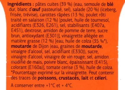 Liste des ingrédients du produit Salades et pâtes poulet Dia 250 g