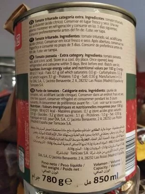 Lista de ingredientes del producto Tomate triturado categoria extra Dia 780 g