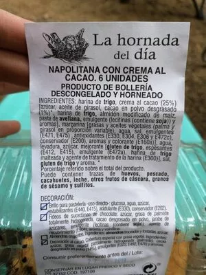 Liste des ingrédients du produit Napolitanas con crema al cacao La Hornada del Día 