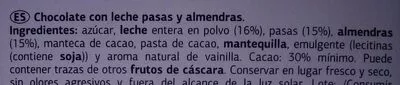 List of product ingredients Chocolate con leche almendras enteras y pasas Dia 