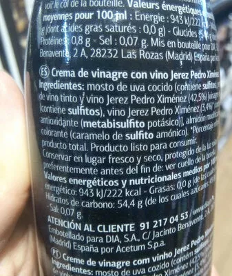 Lista de ingredientes del producto Crema de vinagre con Pedro Ximénez Dia 