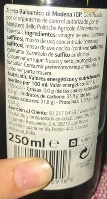 Lista de ingredientes del producto Vinagre balsámico de Módena Dia 