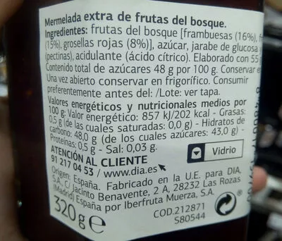 Lista de ingredientes del producto Mermelada de frutas del bosque Dia 320g