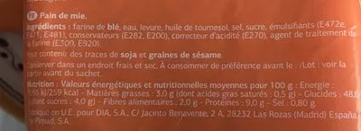 Lista de ingredientes del producto Tostadas DIA 