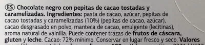 Liste des ingrédients du produit Delicious chocolate negro con pepitas de cacao caramelizadas Dia 100 g