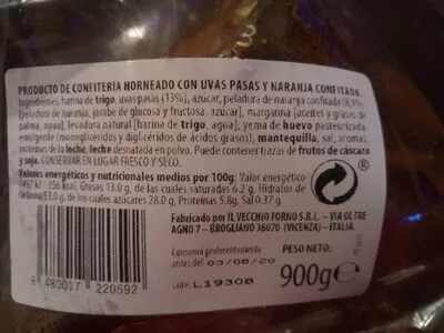List of product ingredients Panetone con pasas Il Vecchio Forno 900 g