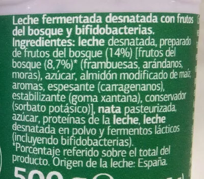 Lista de ingredientes del producto Yogur bifidus frutos del bosque Dia 500 g