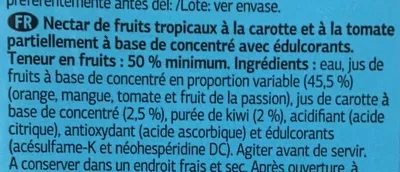 Lista de ingredientes del producto Nectar tropical Carotte et Tomate Light Dia 1 l