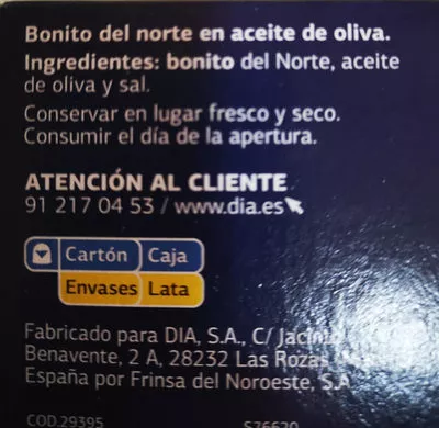 List of product ingredients Bonito del norte oliva Dia 111g
