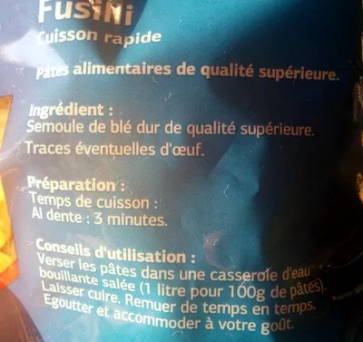 Liste des ingrédients du produit Fusilli (Cuisson rapide : 3 Min.) Dia 500 g