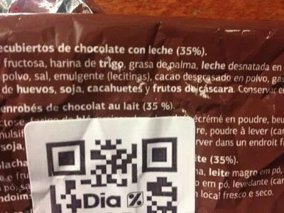 Lista de ingredientes del producto Barrita de chocolate, caramelo y galleta Dia 100 gr