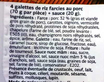 List of product ingredients Nems au porc, Avec sauce (x 4) Dia 400 g 