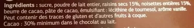 List of product ingredients Chocolat au lait aux noisettes entières et aux raisins secs Dia 200 g