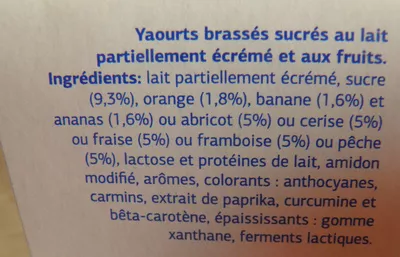 Lista de ingredientes del producto Yaourt Brassés - Fruits mixés - Sans Morceaux Dia 1,5 kg [2 x (6 x 125 g)]