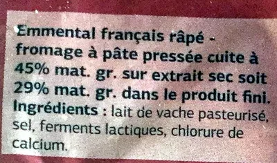 List of product ingredients Emmental français râpé Dia 200 g