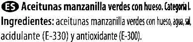 Liste des ingrédients du produit Aceitunas verdes enteras "Dia" Variedad Manzanilla Dia 800 g (neto), 500 g (escurrido)
