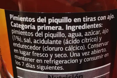 List of product ingredients Pimientos del Piquillo en tiras con ajo Dia 290g