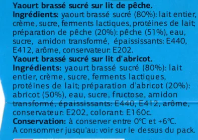 Liste des ingrédients du produit Yaourt à la Grecque sur Lit de Fruits (2 Abricots, 2 Pêches) Dia 600 g [2 * (2 * 150 g)]