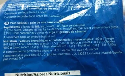 List of product ingredients Pan blanco Dia 