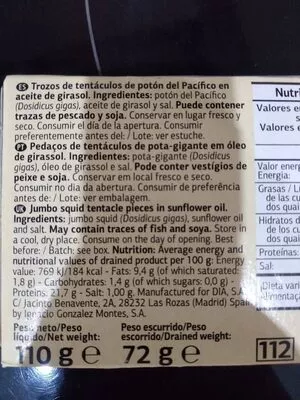 Lista de ingredientes del producto Tacos pota en aceite de girasol Dia 72 gr