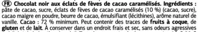 List of product ingredients Chocolat noir aux éclats de fêve de cacao caramélisés Dia 100 g