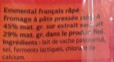 List of product ingredients Emmental français râpé (29 % MG)  Dia 210 g (3 x 70 g)