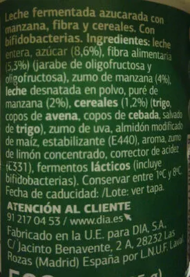 Liste des ingrédients du produit Yogurt Bifidus fibra y cereales Dia 