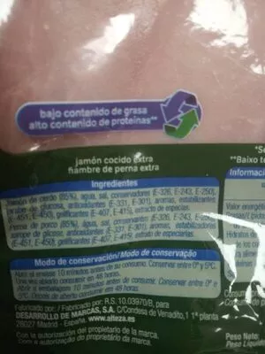 List of product ingredients Jamón cocido extra Alteza 200 g