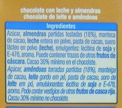 List of product ingredients Chocolate extrafino con leche con almendras Alteza 