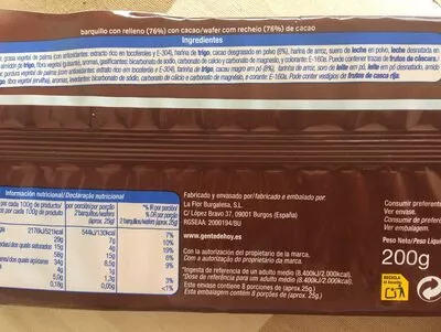 Liste des ingrédients du produit Barquillo relleno con cacao Alteza 