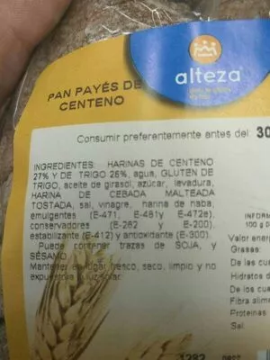 Lista de ingredientes del producto Pan payés de centento Alteza 490 g