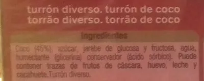 Liste des ingrédients du produit Turrón de coco Alteza 300 g
